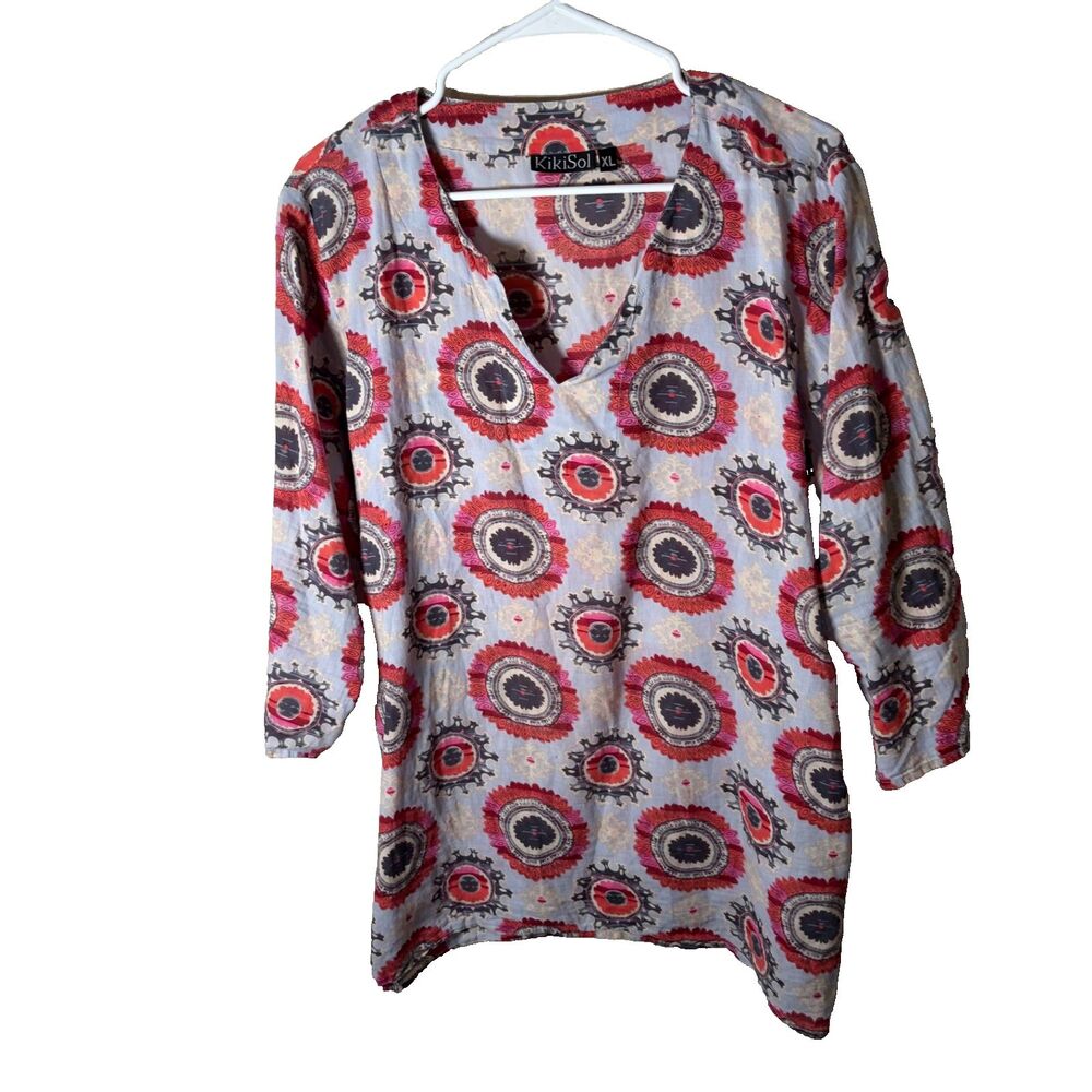 Kikisol Top Women's XL Art To Wear Colorful 3/4 Sleeve Casual Cotton Shirt
